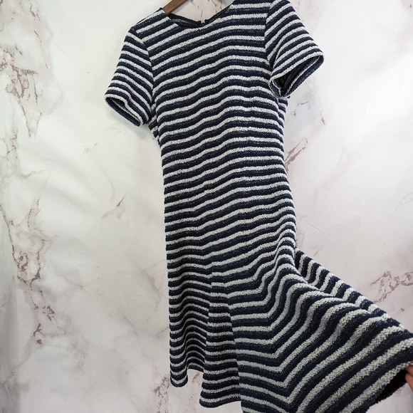 Theory Dress Women 10 Medium Blue Stripe Swing Organic Cotton Crew Neck Texture - Picture 9 of 12